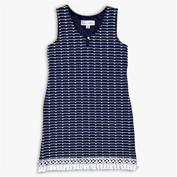 Sara Campbell Dresses & Skirts - Sara Campbell Navy Stripe Shift Dress Tassel Fringe Hem Fully Lined Stretch M
